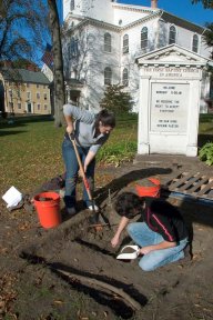 Urban archaeology: Students conduct fieldwork on the property surrounding the Meeting House at the First Baptist Church of Providence.